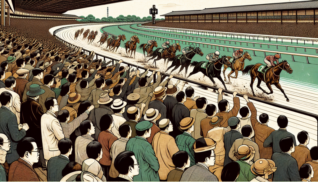 A crowd at a Japanese racetrack