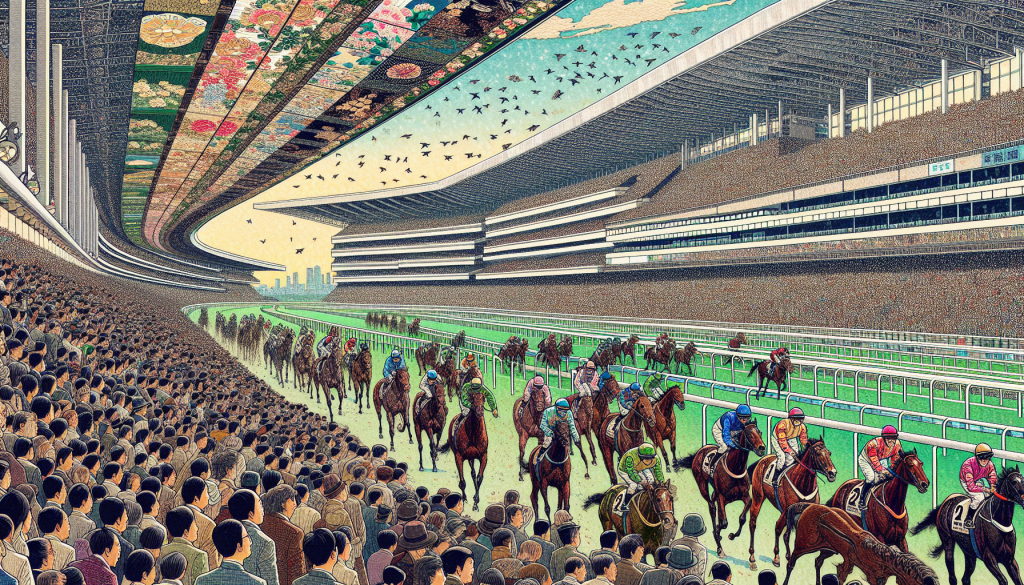 A bustling horse racing track