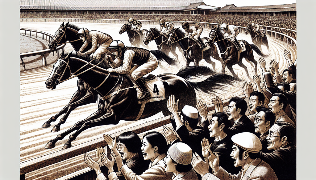 A crowd cheering at a horse race