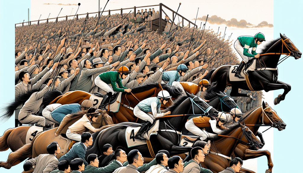 A crowd cheering at a horse racing event